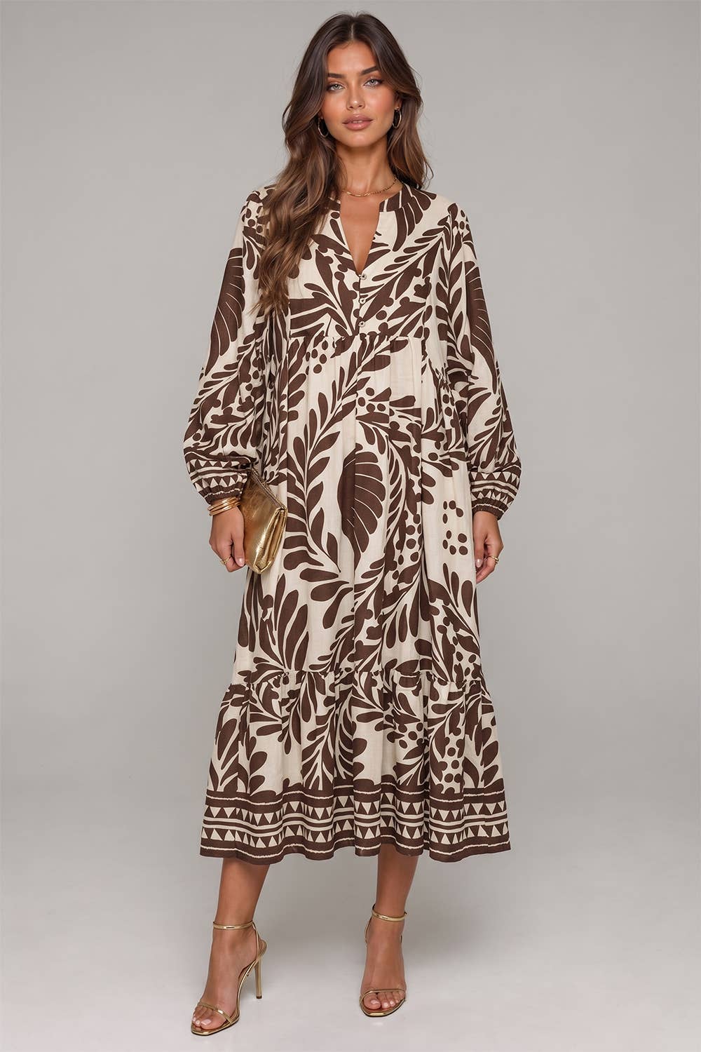 Tropical Leaf Print Tiered Maxi Dress