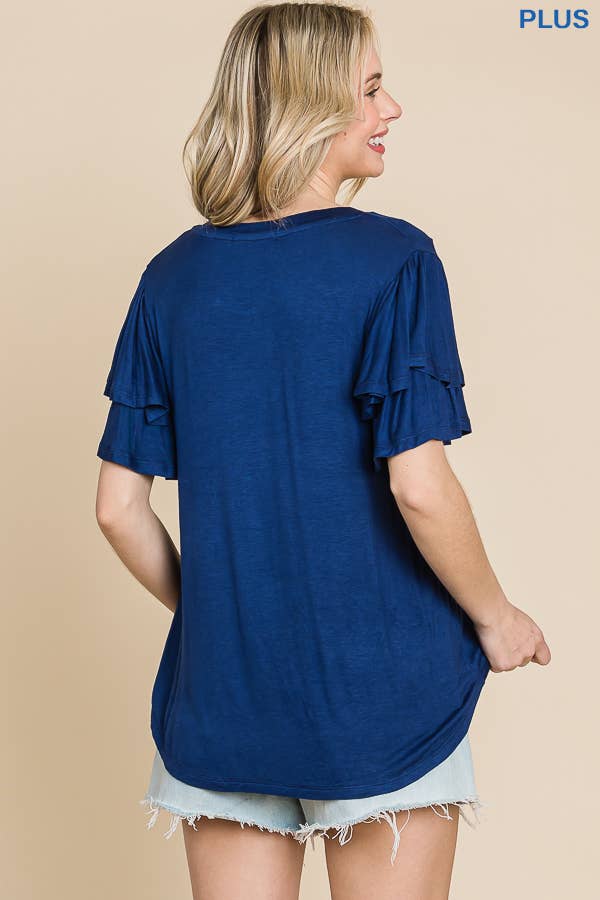 Plus Round Neck Semi Loose Ruffle Sleeve Top