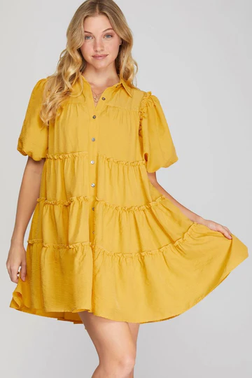 YELLOW PUFF SHORT SLEEVES TEXTURED TIERED WOVEN MINI DRESS
