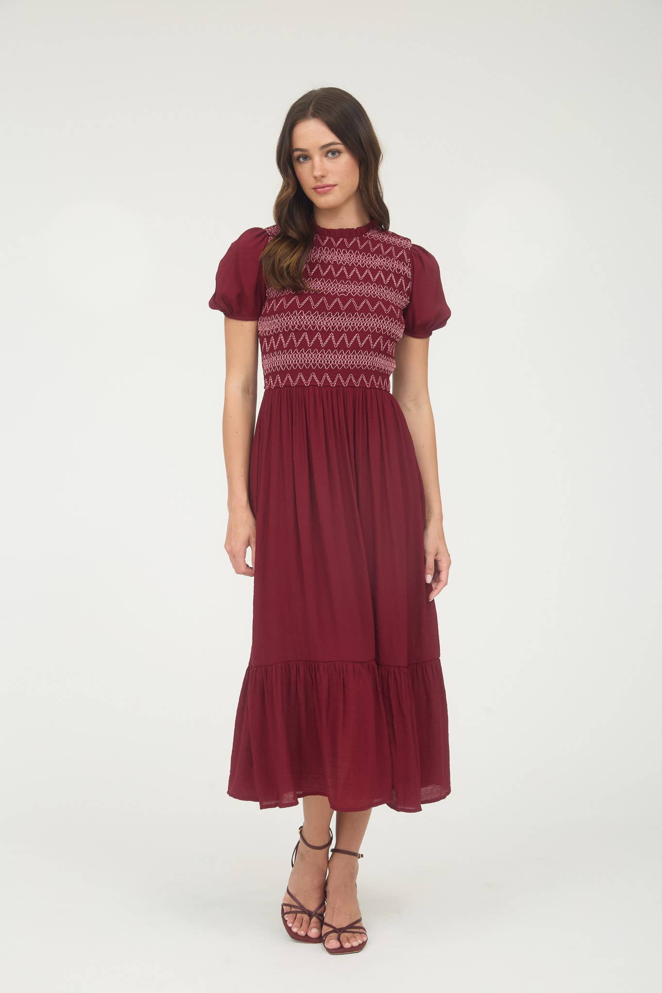 CONTRAST SMOCKED DETAIL PUFF SLEEVE MIDI DRESS