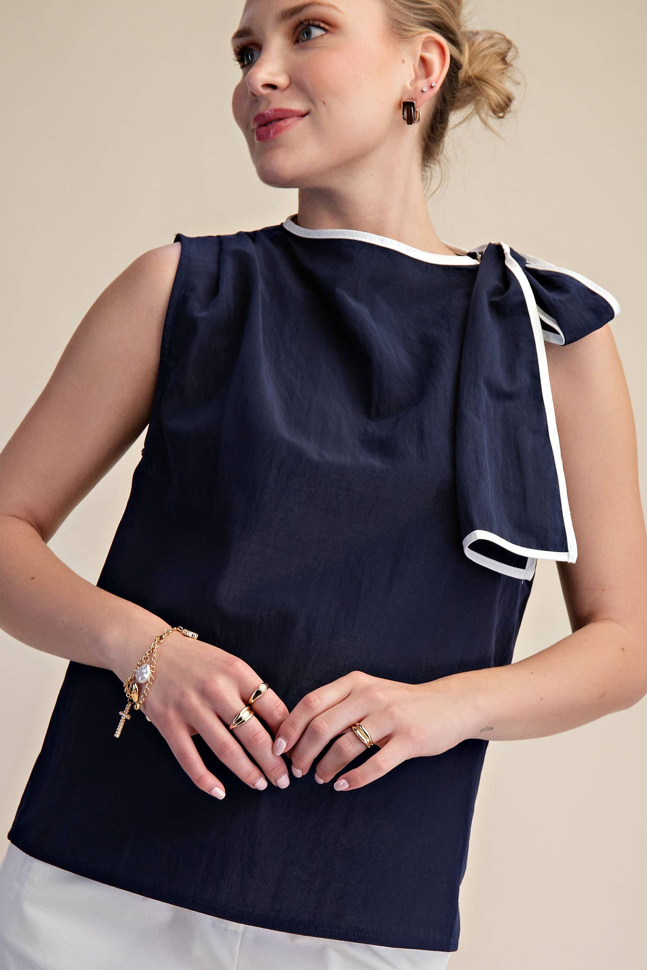 Asymmetric Pleated Shoulder Contrasting Bow Top