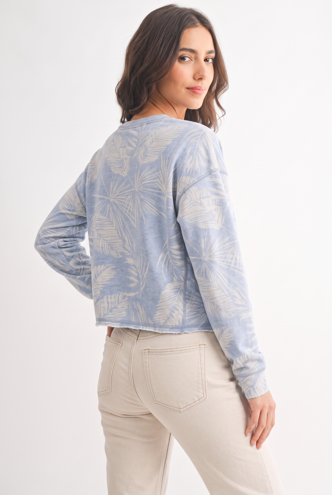 French Terry Leaf Print Crewneck Top