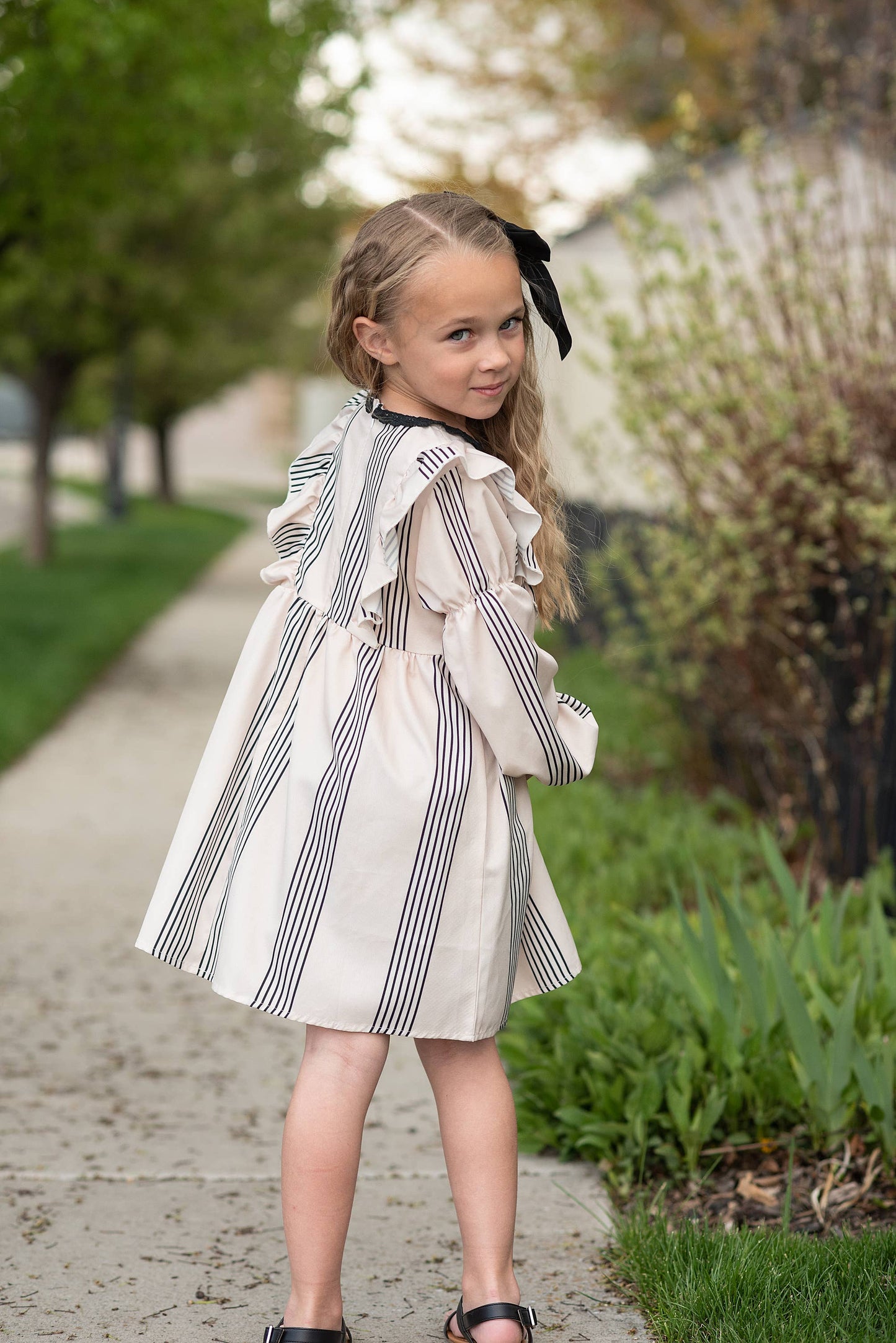 Kids Stripe Long Puff Sleeve Dress