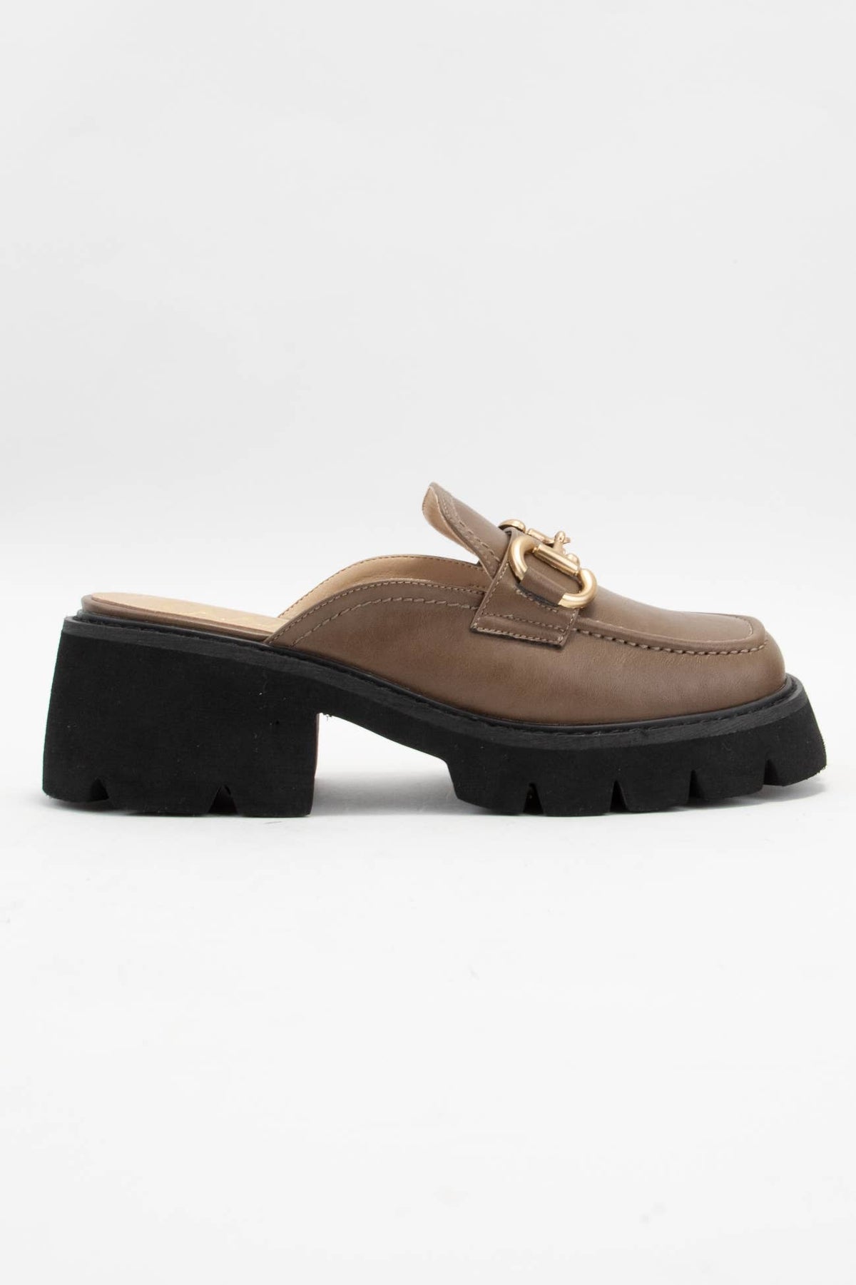 LYNN Chunky Lug Sole Loafer Mules with Horsebit Chain Detail ~ MOCHA