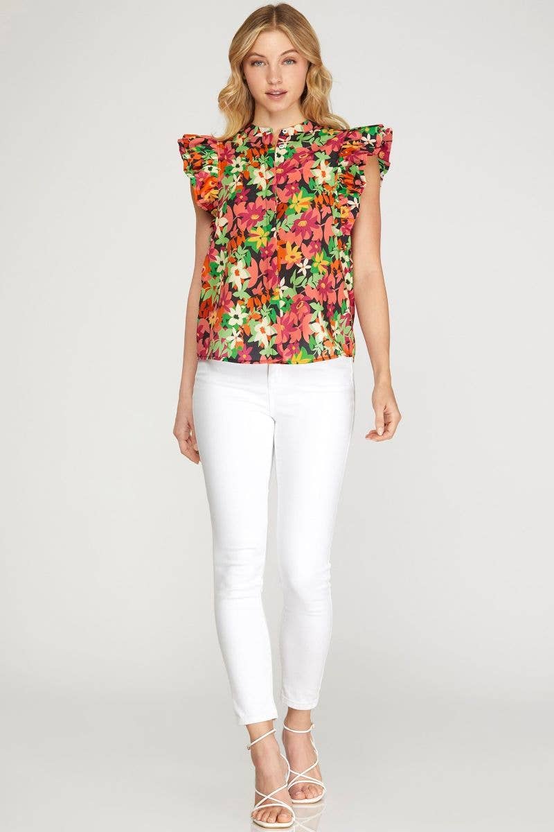 BLACK FLORAL FLUTTER SLEEVES BUTTON-UP TOP