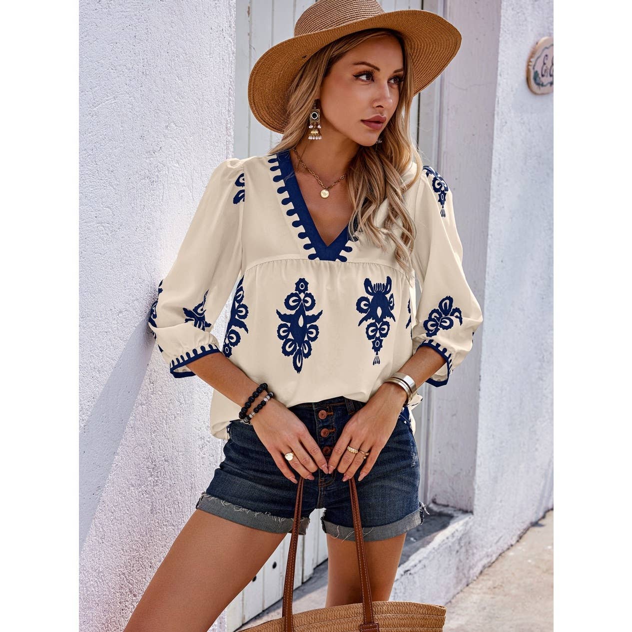 Geo Print V Neck Loose Puff Sleeves Blouse
