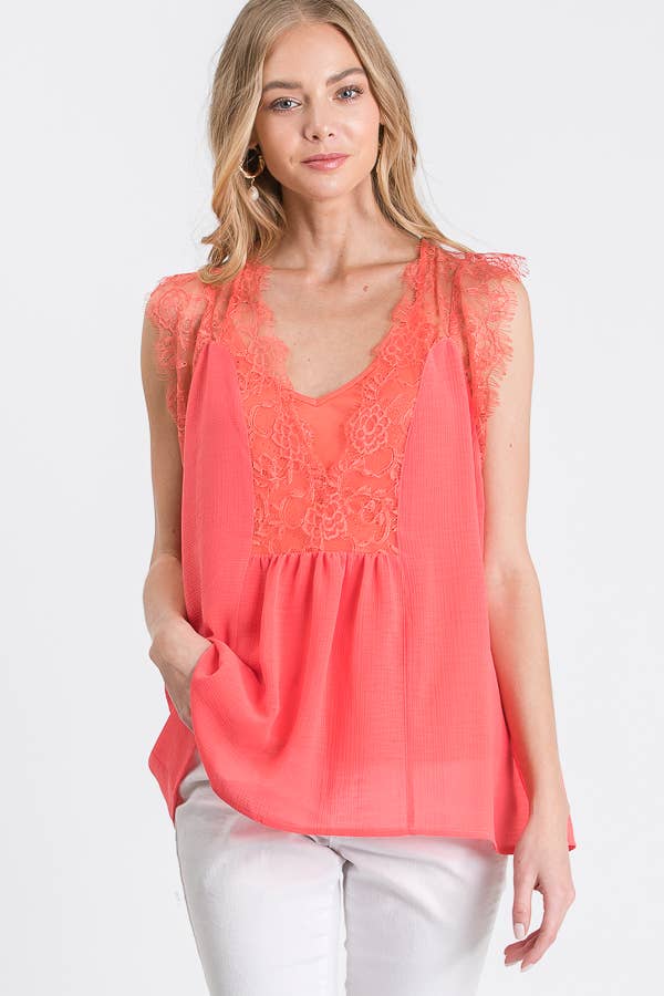 Casual Sleeveless Lace-Trim Blouse