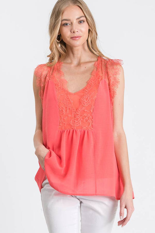 Casual Sleeveless Lace-Trim Blouse