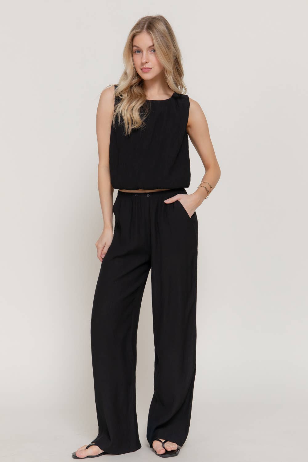 Elastic Waistband Crinkle Woven Long Pants