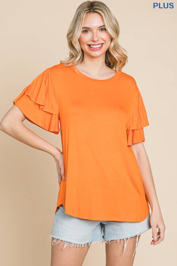 Plus Round Neck Semi Loose Ruffle Sleeve Top