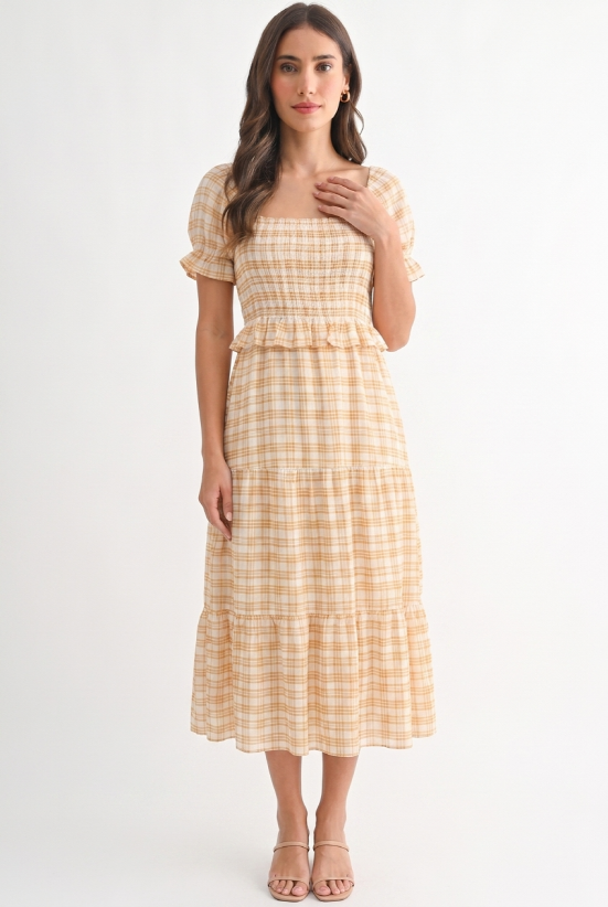 Yellow Checked Midi Dress with Puff Sleeves
