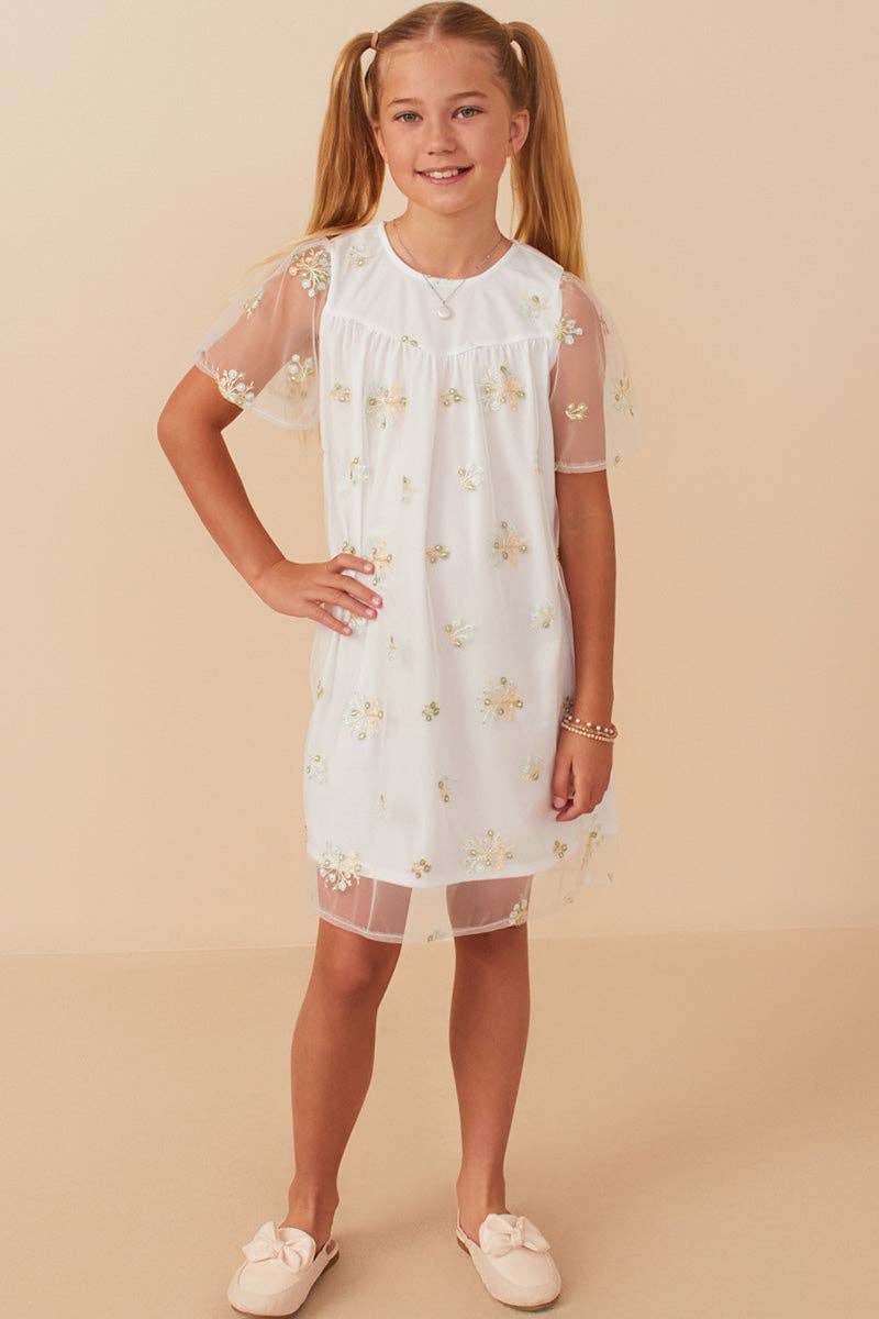 Girls Floral Embroidered Mesh Dress
