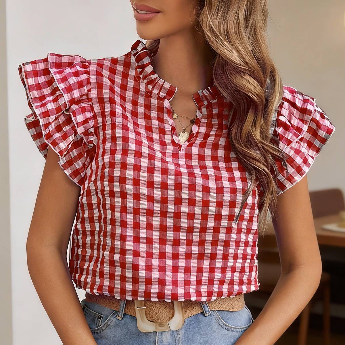 Double-layer ruffled edge patterned top (Multiple colors)