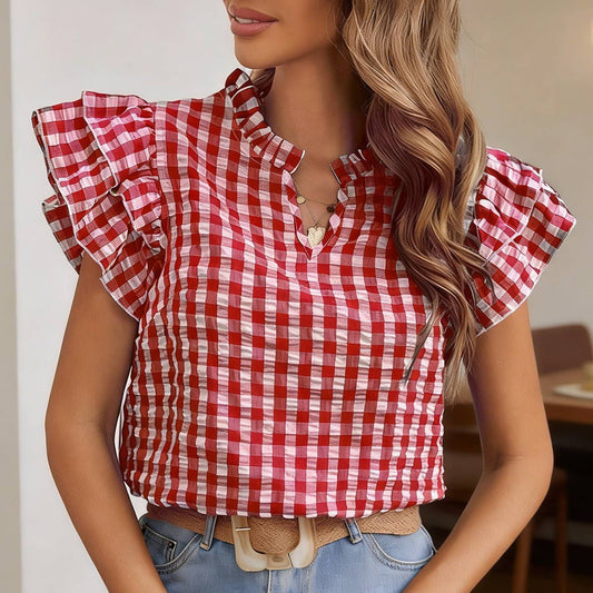 Double-layer ruffled edge patterned top (Multiple colors)