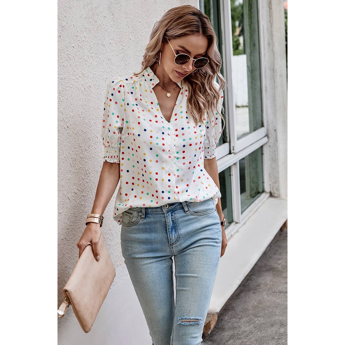 Polka Dot Print Puff Sleeve Loose Shirt