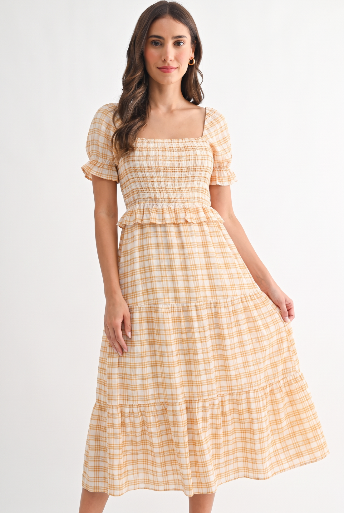 Yellow Checked Midi Dress with Puff Sleeves
