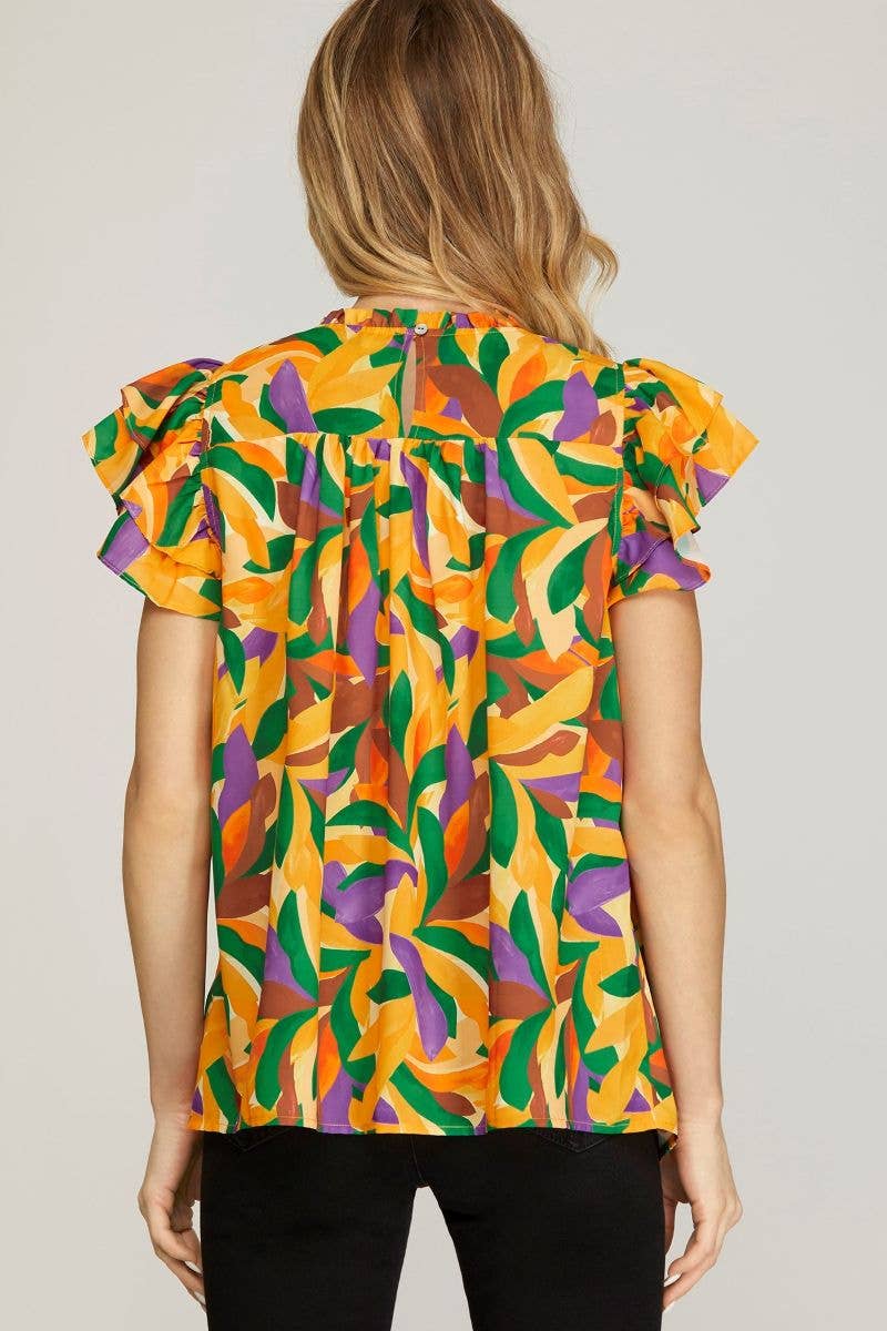ORANGE YORK PRINT PLEATED TOP