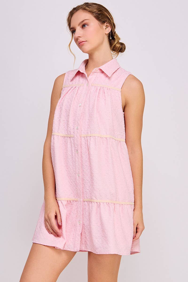 Pink Button-Up Swing Mini Dress - Sleeveless