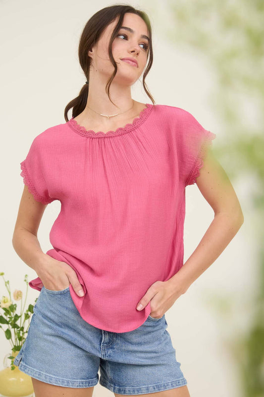LACE TRIM BACK BOW DETAIL SHORT SLEEVE BLOUSE