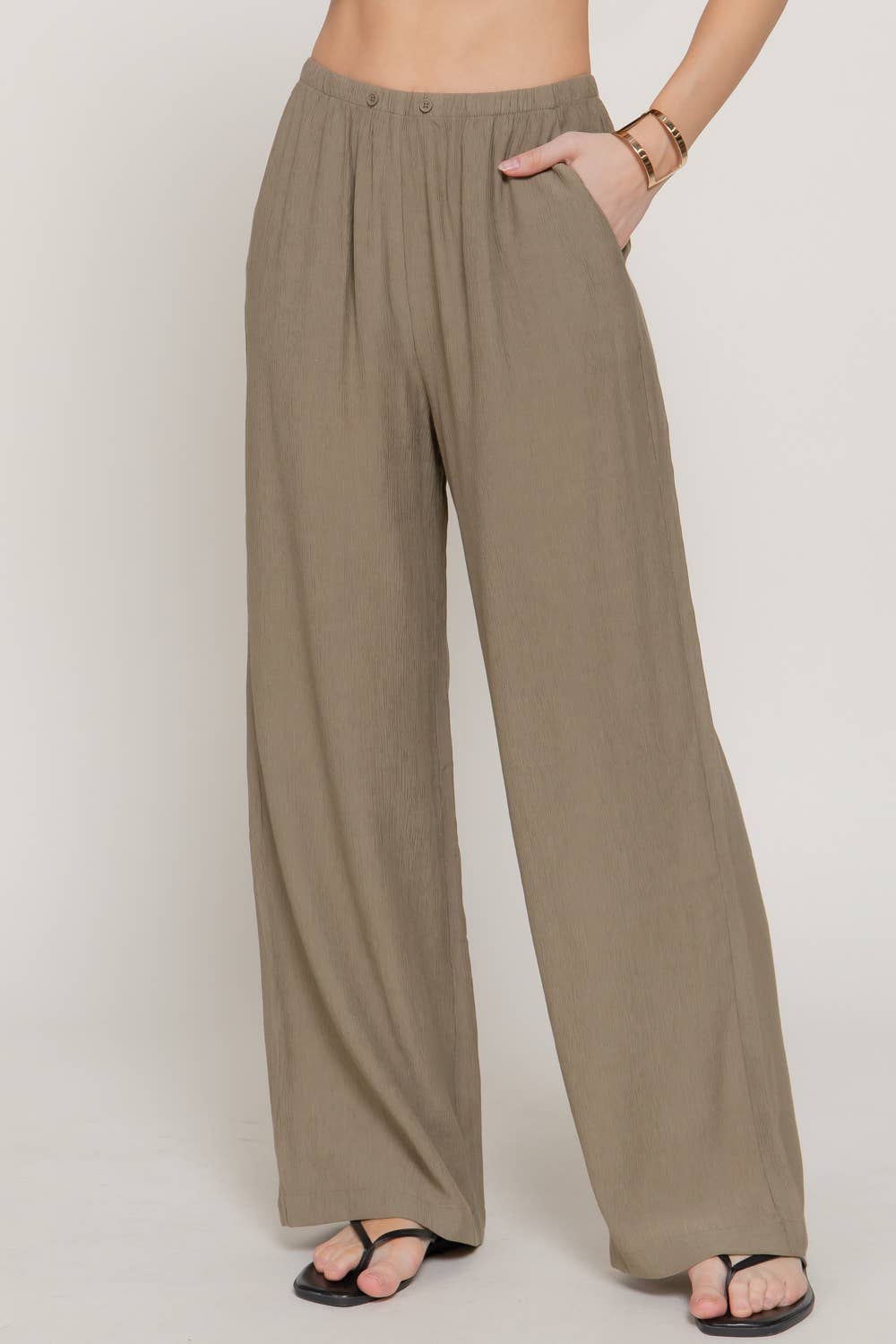 Elastic Waistband Crinkle Woven Long Pants