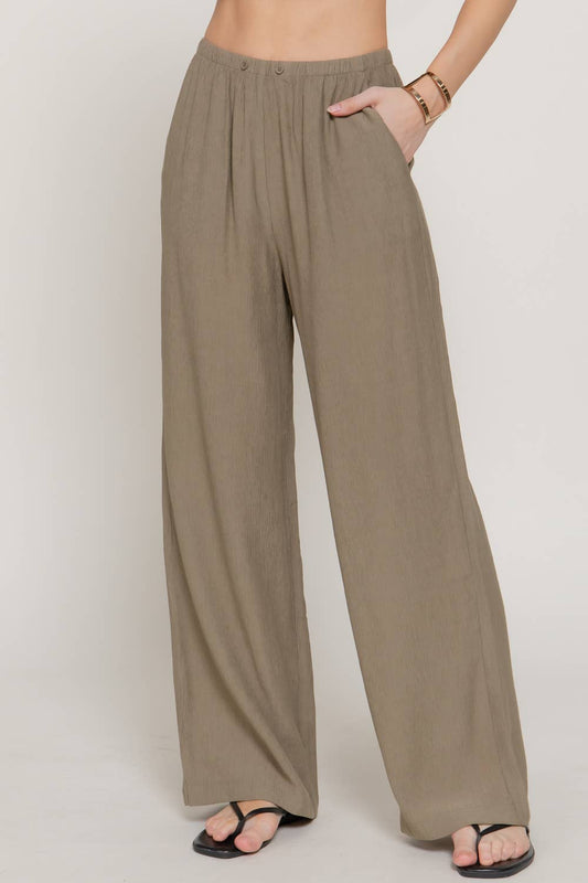 Elastic Waistband Crinkle Woven Long Pants
