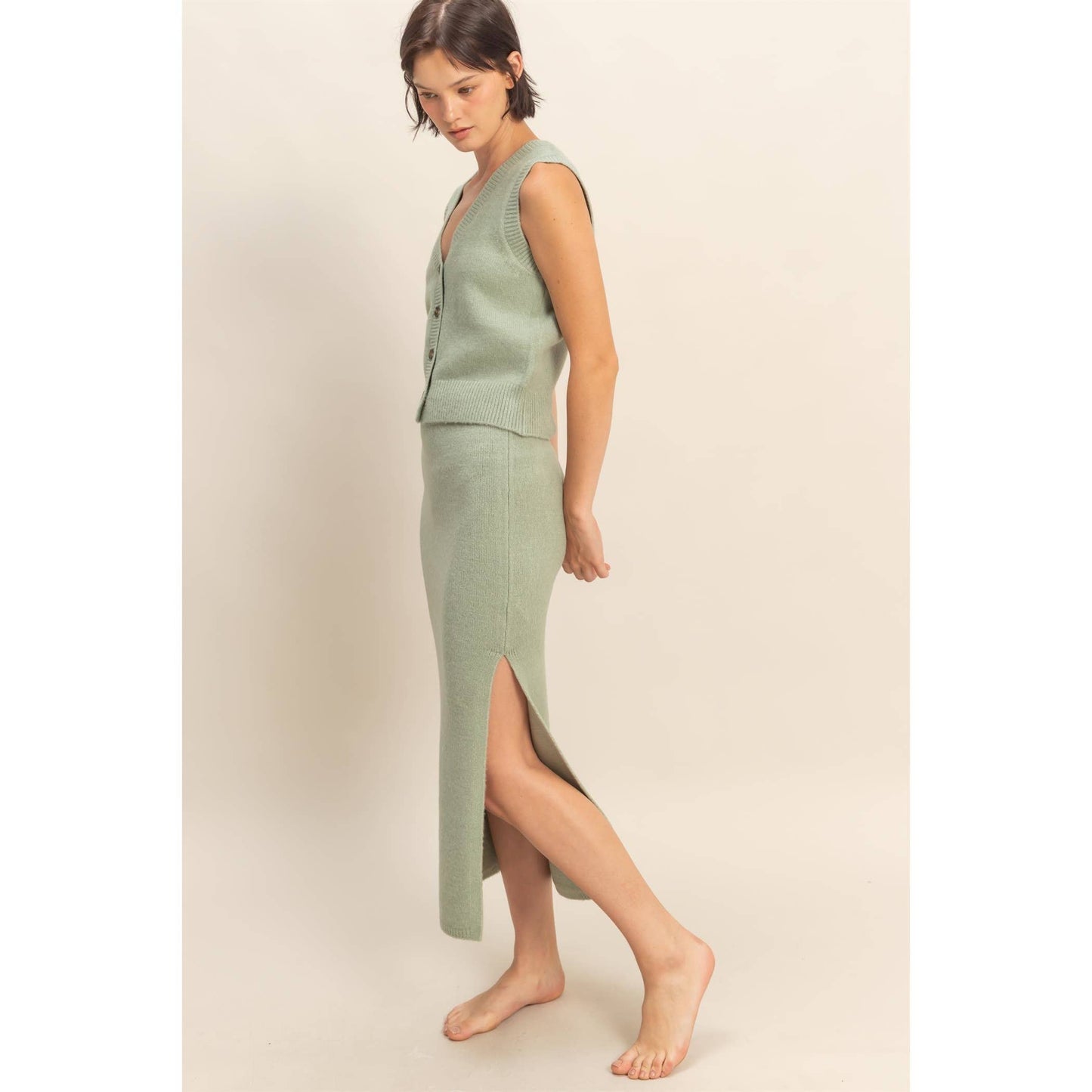 Button Front Vest & Midi Skirt Knit Set