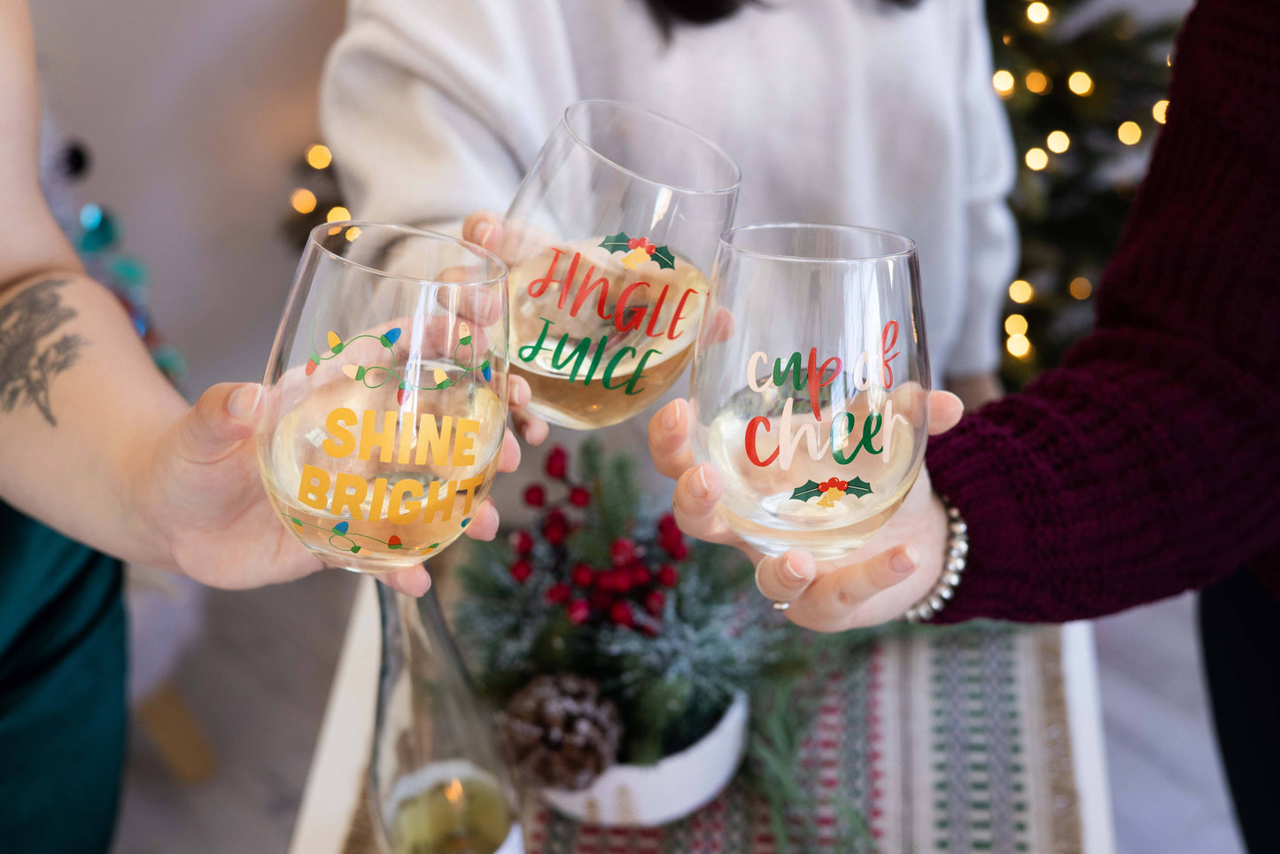 Festive Shine Bright Christmas Stemless Wine Glass