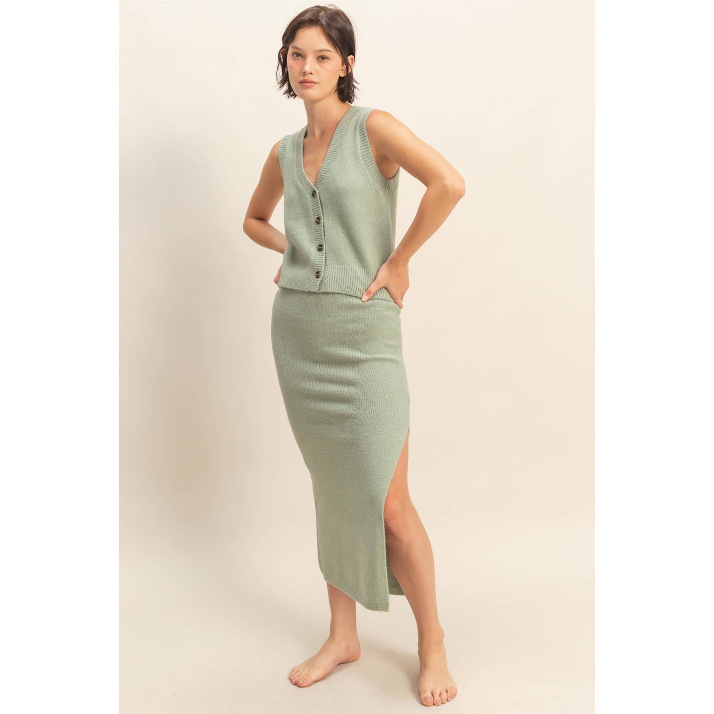 Button Front Vest & Midi Skirt Knit Set
