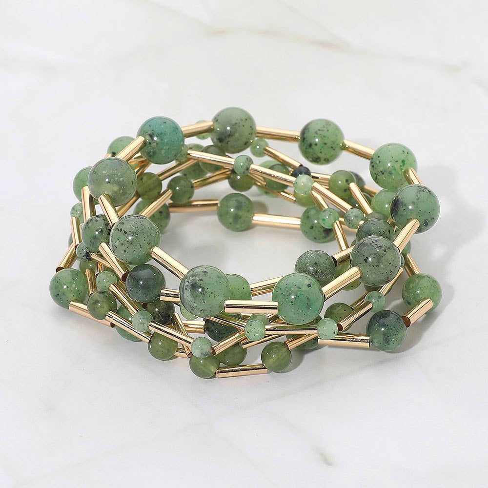 7PCS - Resin Ball Metal Bar Beaded Stretch Multi Layered Bracelets