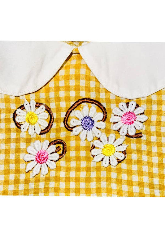 Mustard checker embroidered flowers baby romper&hat