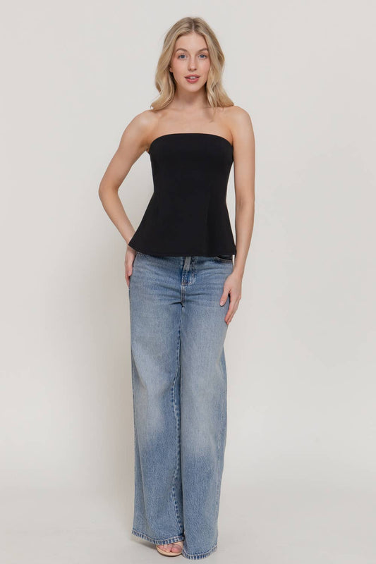 Black Peplum Soft Knit Jersey Tube Top