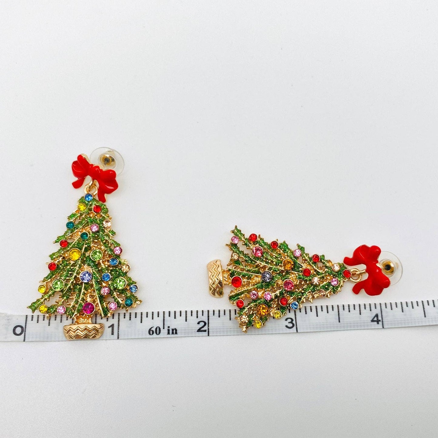 Christmas Tree Rhinestone Red Bow Post Earrings
