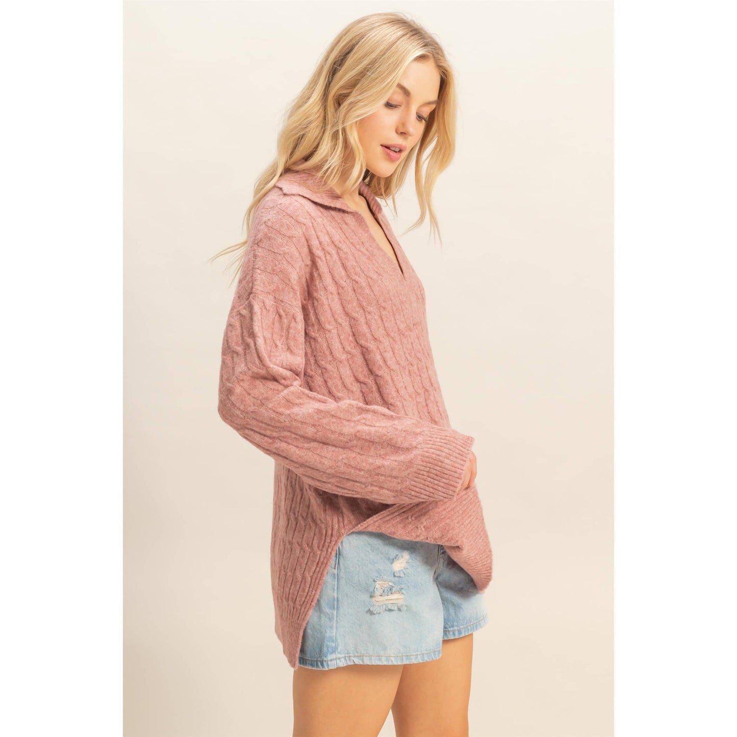 Collared Cable Sweater With Slits