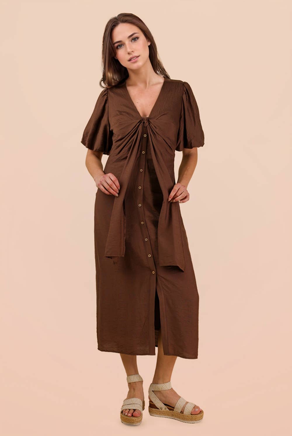 Chocolate Front Tie Detail Button Down Midi Dress
