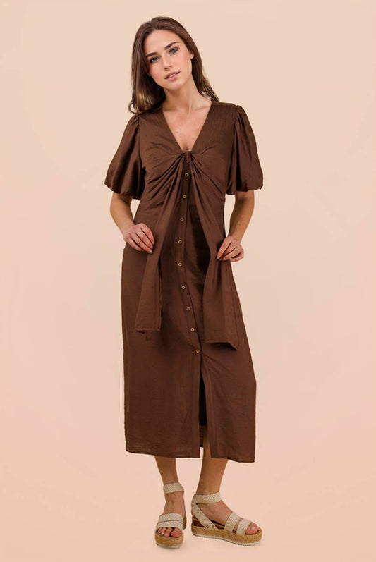 Chocolate Front Tie Detail Button Down Midi Dress