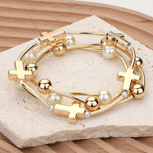 3PCS - Metal Cross Ball Pearl Station Stretch Multi Layered