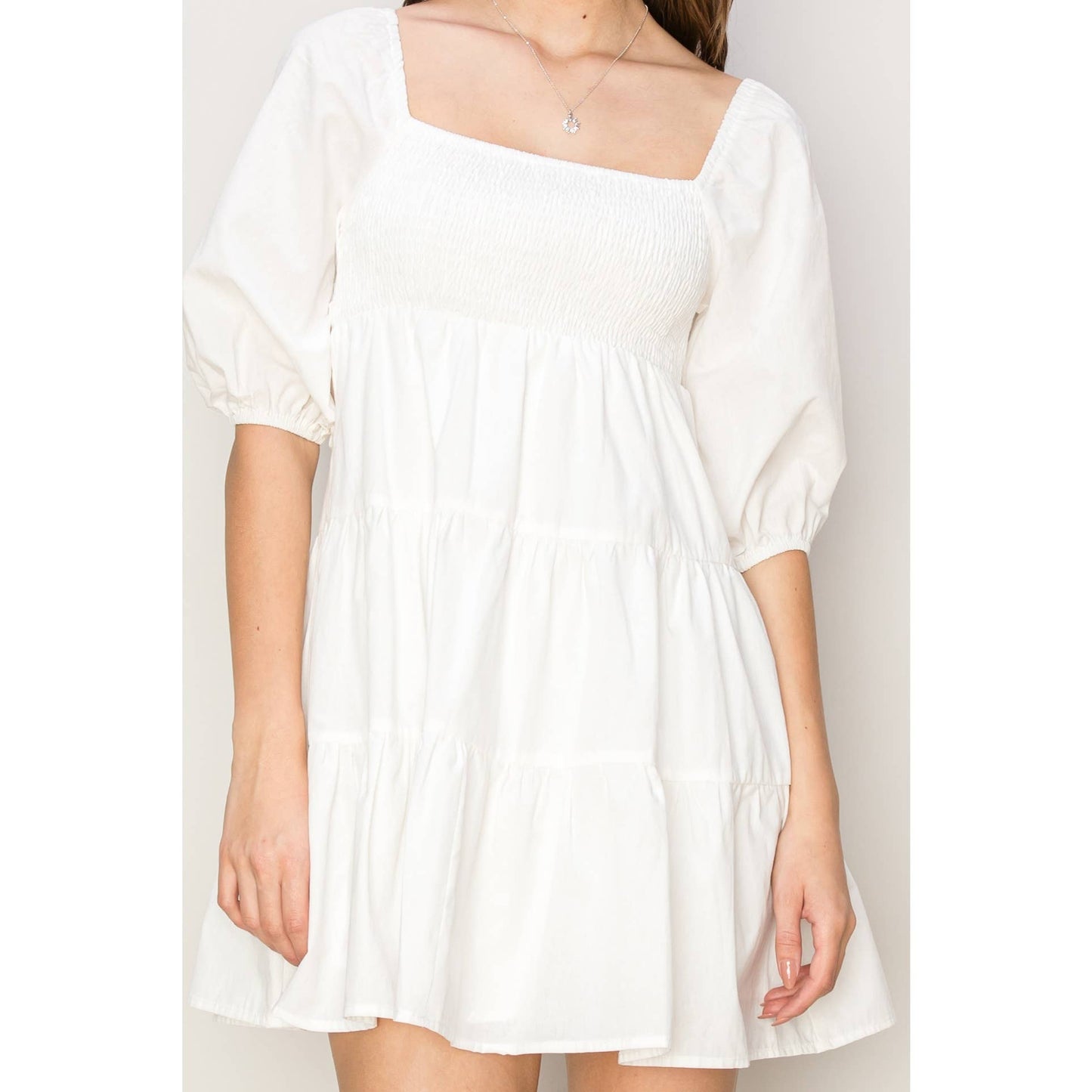 POPLIN SMOCKED MINI DRESS: OFF WHITE