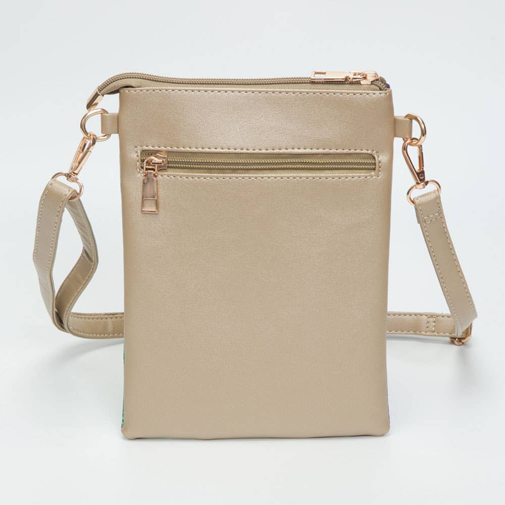 Glittered Vertical Strip Mardi Gras Flat Mini Crossbody Bag: Gold