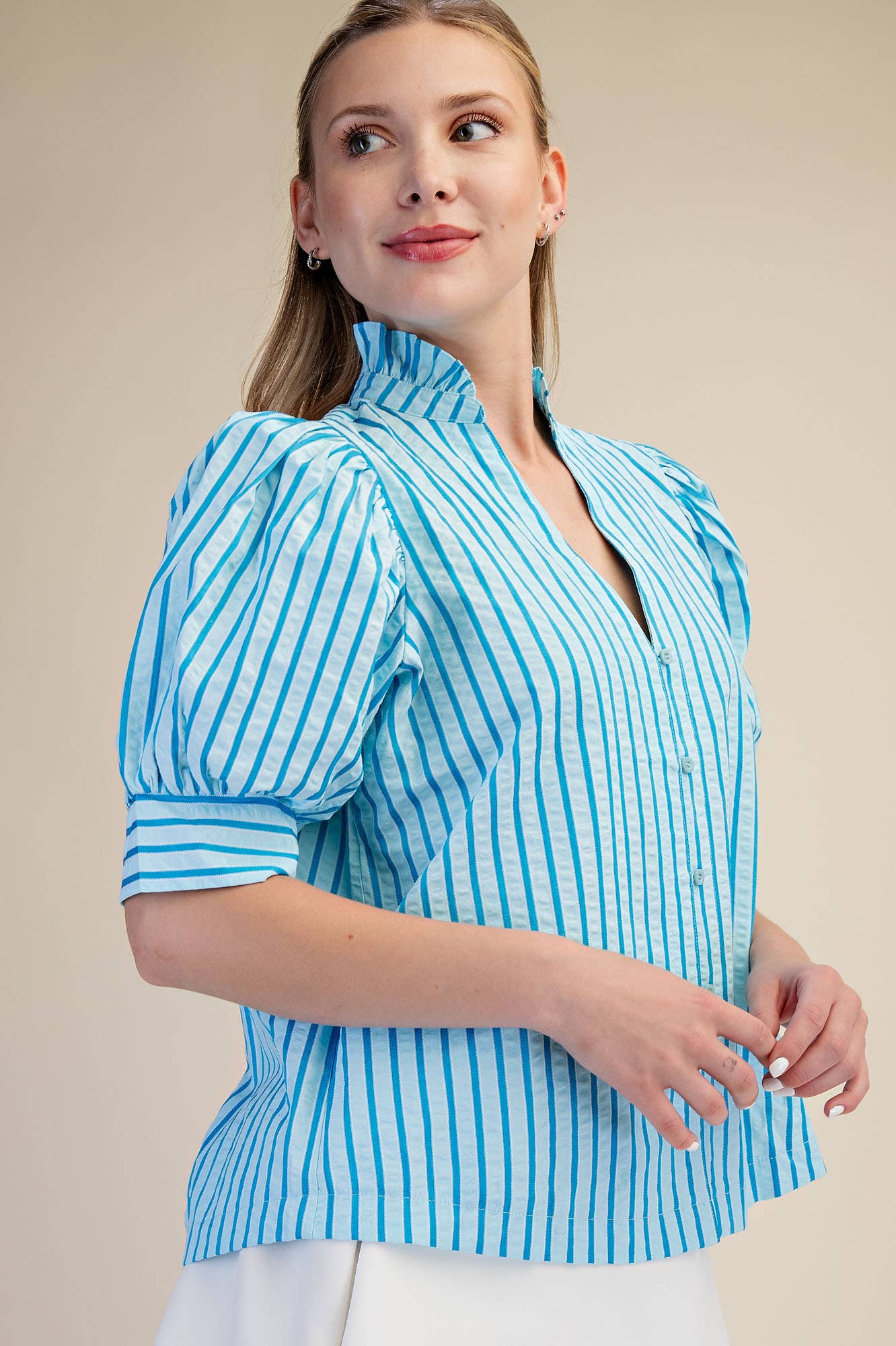 Ruffle V-neck Puff Sleeve Button Down Shirt