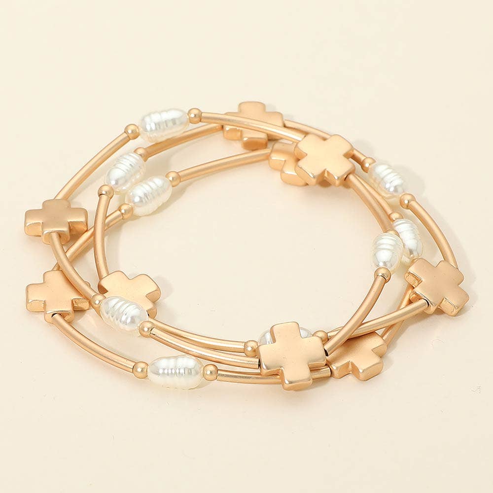 3PCS - Cross Charm Pearl Beaded Stretch Multi Layered Bracelets