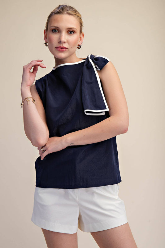 Asymmetric Pleated Shoulder Contrasting Bow Top