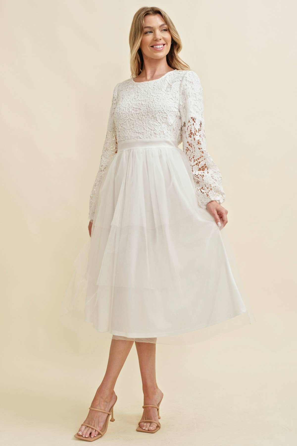 LACE LONG SLEEVE TULLE MIDI DRESS