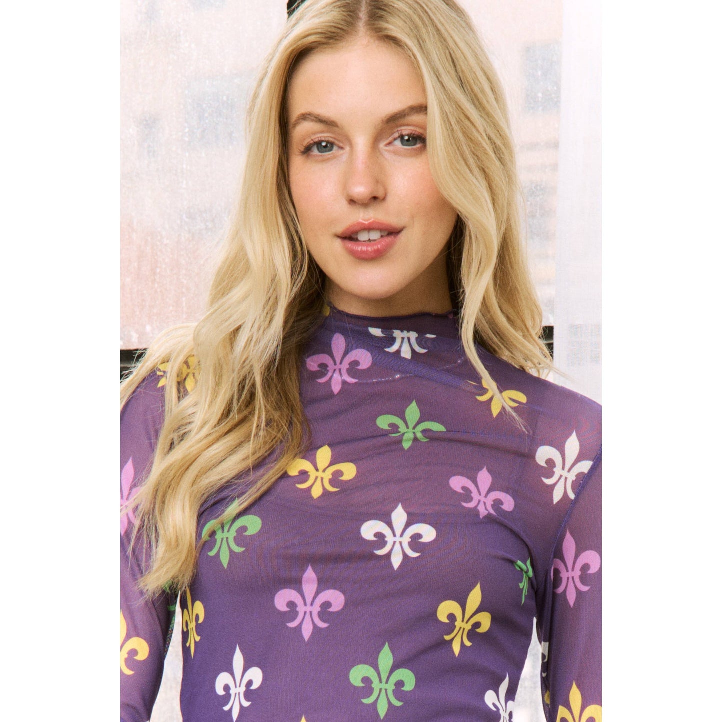 MARDI GRAS PRINT HIGH NECKLINE CROP TOP
