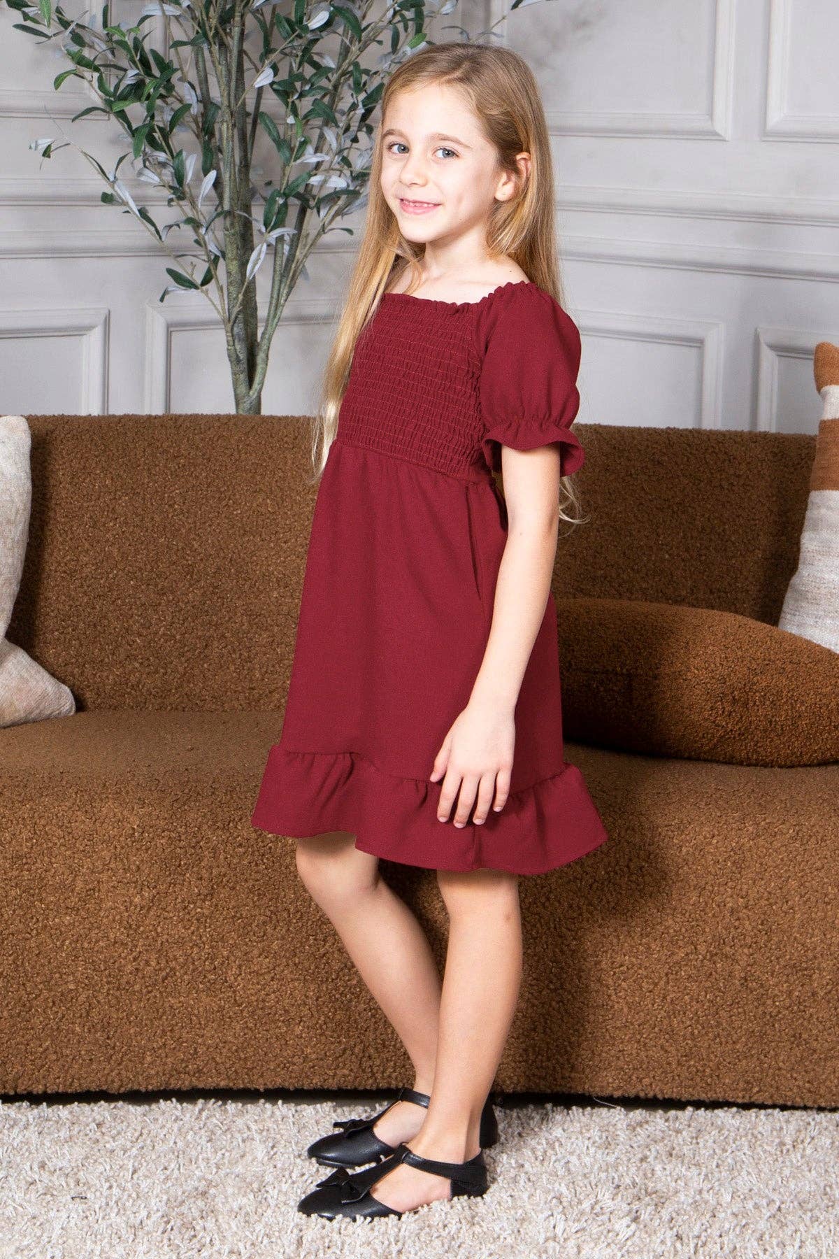 Kid's Smocked Dress Short Puff Sleeve Ruffle Crepe Midi