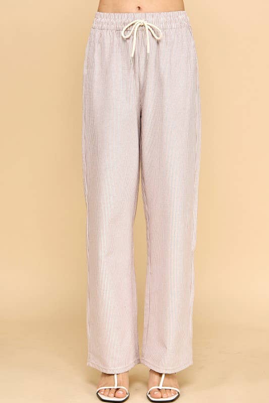 STRIPED DRAWSTRING STRAIGHT PANTS ~ Mocha