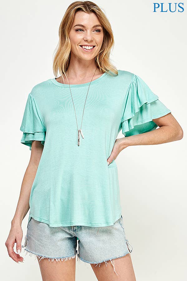 Plus Round Neck Semi Loose Ruffle Sleeve Top