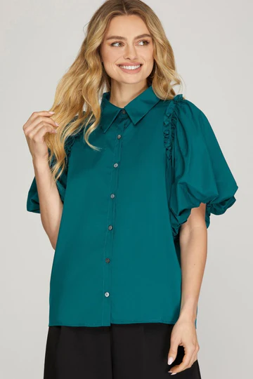 TEAL GREEN BUBBLE SLEEVES BUTTON DOWN WOVEN TOP