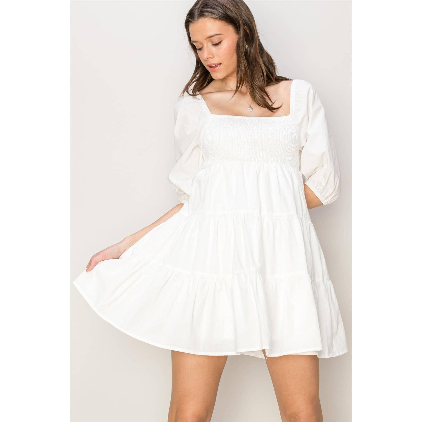 POPLIN SMOCKED MINI DRESS: OFF WHITE