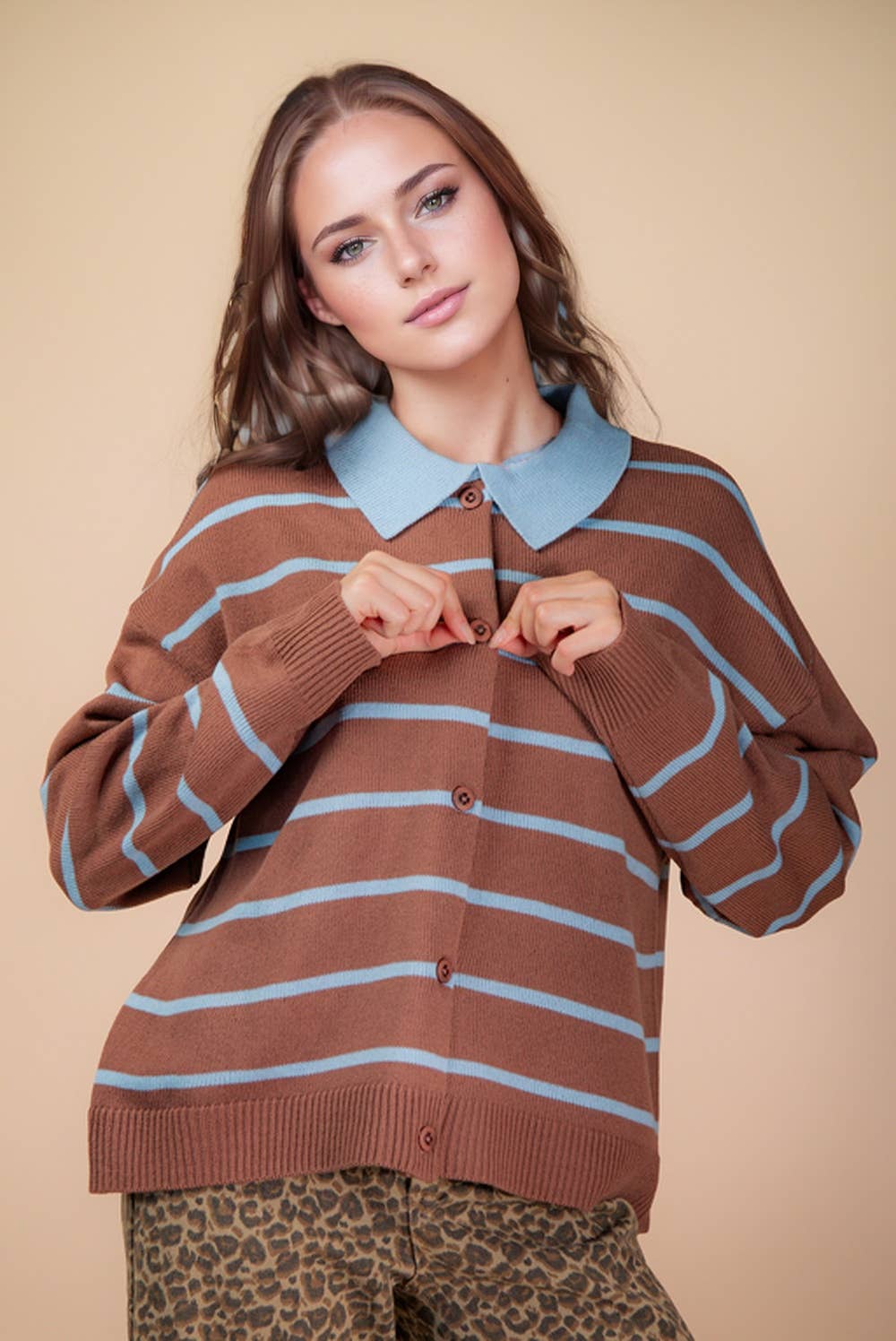 Mocha Oversized Button Down Striped Casual Sweater