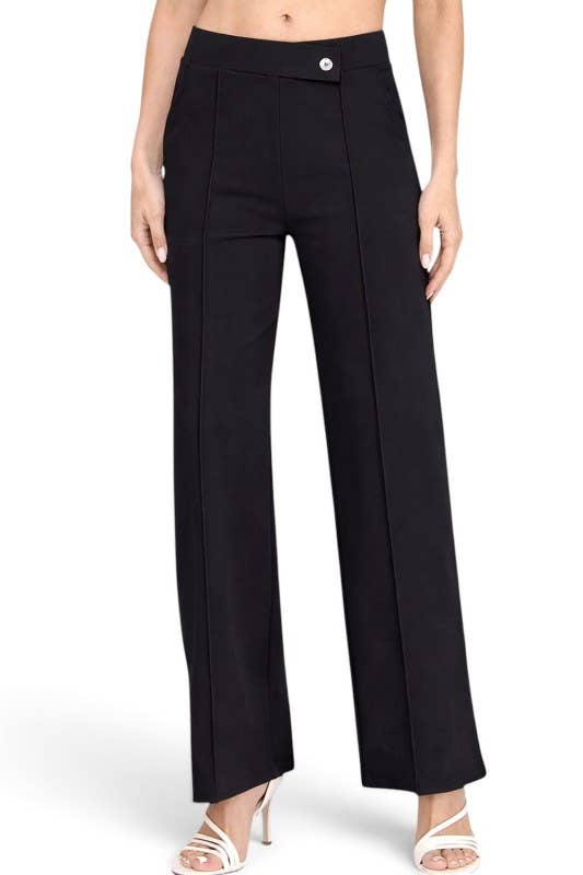 Button-Trimmed – High Rise Pleated Pants: Black